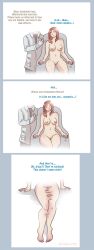 2019 ambiguous_gender areola biped border breasts brown_hair chair closed_eyes clothed clothing colored comic dialogue duo english_text feet female fully_clothed furniture genitals gloves grey_border hair handwear hi_res human human_to_feral humanoid injection legs_together looking_down_at_self mammal navel nipples nude on_chair open_mouth pussy shaded simple_background sitting sitting_on_chair species_transformation spread_legs spreading strawberrytfs text transformation transformation_sequence white_background