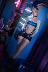 1boy 2girls 3d ahri_(league_of_legends) akali alley animal_ears black_choker black_hair blonde_hair blue_eyes boots breasts choker condom crop_top cropped_jacket earrings fellatio fingerless_gloves fishnet_thighhighs fishnets fox_ears fox_girl fox_tail gloves high_ponytail highres jacket jewelry k/da_ahri k/da_akali k/da_all_out_ahri k/da_all_out_akali kneeling large_breasts league_of_legends looking_at_viewer multicolored_hair multiple_girls navel night oral outdoors panty_straps ponytail prostitution purple_hair red_lips short_shorts shorts standing stomach strapless streaked_hair tail thighhighs thighs tube_top used_condom vending_machine white_jacket zoh
