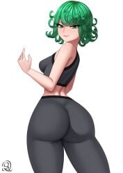 ass breasts female female_focus from_behind green_eyes green_hair highres huge_ass lips looking_at_viewer matching_hair/eyes one-punch_man pants rocky-ace short_hair skin_tight small_breasts solo tatsumaki thick_thighs thighs wide_hips yoga_pants