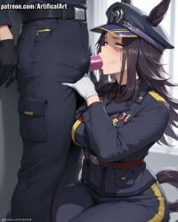 1boy 1girls ai_generated animal_ears artifical_art black_hair black_hat blowjob blowjob_face blush condom condom_on_penis fenomeno_(umamusume) horse_ears horse_girl horse_tail light-skinned_female light_skin oral oral_penetration oral_sex peaked_cap penis penis_in_mouth perfect_body purple_eyes sex sucking sucking_penis umamusume umamusume_pretty_derby white_gloves