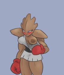 1girls 2016 alorix areola areolae bare_shoulders blue_eyes blush boxing_gloves breasts brown_skin clothed clothing dress eyelashes female female_only flashing frown gloves hitmonchan huge_areolae huge_nipples humanoid looking_away muscular muscular_female nintendo nipples no_bra no_panties one_breast_out perky_breasts pokemon pokemon_(species) portrait purple_background red_boxing_gloves red_gloves simple_background skirt solo standing three-quarter_portrait video_games