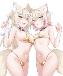 2girls alonekm big_breasts bikini blonde_hair blue_eyes blue_hair blue_nails blush breast_size_difference collar dog_ears dog_girl dog_tail female female_only fuwamoco fuwawa_abyssgard golden_week hairclip hololive hololive_english hololive_english_-advent- long_hair mococo_abyssgard nail_polish oerba_yun_fang pink_eyes pink_hair pink_nails sharp_fingernails short_hair sisters small_breasts sweatdrop tail two_tone_hair virtual_youtuber yellow_bikini