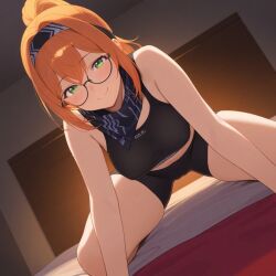 ai_generated bandana bike_shorts bra breasts ginger glasses green_eyes ponytail small_breasts spread_legs thighs