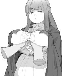 1boy absurdres blunt_bangs breast_lift breasts buttons collared_dress deep_skin dress female fern_(sousou_no_frieren) grabbing_another's_breast groping henyaan_(oreizm) highres huge_breasts long_hair pov pov_hands robe scowl sidelocks simple_background sousou_no_frieren unamused white_background