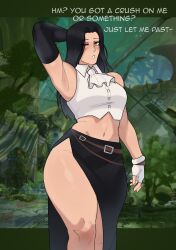 1other ascot black_hair black_skirt crop_top game_background guilty_gear guilty_gear_strive johnjohnjohnny long_hair long_skirt looking_at_viewer one_eye_closed side_slit sleeveless_shirt testament_(guilty_gear) thick_thighs white_shirt wide_hips