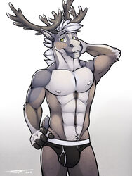 1boy abs anthro black_underwear briefs bulge cervine front_view furry hand_on_hip male male_only mammal mnty mnty_(character) muscular nipples pecs pinup pose reindeer rubbing_head signature solo standing topless underwear