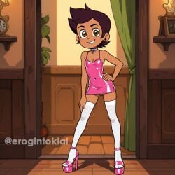"artist: ai_generated breasts brown_eyes brown_hair dildo erogintokiai flat_chest high_heels large_thighs latex_clothing latex_dress luz_noceda petite_body petite_female platform_heels small_breasts tagme the_owl_house tight_clothing white_socks whore_heels