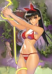 arutera bikini brown_eyes fully_clothed hair_ribbon hose long_hair
