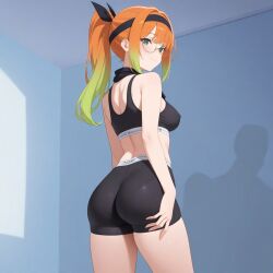 ai_generated bandana bike_shorts bra breasts ginger glasses green_eyes ponytail small_breasts thighs
