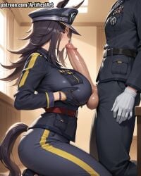 1boy 1girls ai_generated animal_ears artifical_art balls black_hair black_hat blowjob blowjob_face fenomeno_(umamusume) horse_ears horse_girl horse_tail huge_cock light-skinned_female light_skin paizuri peaked_cap penis penis_in_mouth perfect_body purple_eyes sex sucking sucking_penis titjob umamusume umamusume_pretty_derby white_gloves