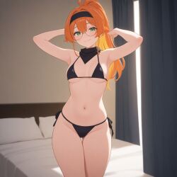 ai_generated bandana bed bikini ginger glasses green_eyes ponytail small_breasts thighs