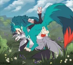 anal anal_sex animal_genitalia animal_penis anthro anus anvil_position ass ayakan_(krispycable) balls blue_body blue_eyes blue_fur bodily_fluids canid canine canine_genitalia canine_penis canis claws cody_(krispycable) duo erection feral fingerless_(marking) fingerless_gloves_(marking) flower fox from_front_position fur fur_markings genital_fluids genitals gloves_(marking) grass grey_body grey_fur hair hi_res knot leg_wrap legs_up lying male male/male male_penetrated male_penetrating male_penetrating_male mammal markings motion_lines multicolored_body multicolored_butt multicolored_fur nude on_back open_mouth orange_body orange_fur orange_penis pawpads paws penetration penile penis pink_pawpads plant precum rear_view saliva sex shikyotis striped_body striped_fur stripes tail teeth tongue tuft two_tone_butt white_body white_butt white_fur wolf