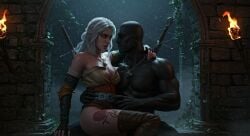 3d 3d_(artwork) 3d_model ai_generated before_sex blacked ciri cirilla_fiona_elen_riannon clothed interracial leshay7 looking_at_another muscular_male sitting_on_lap swords the_witcher_(series) the_witcher_3:_wild_hunt warrior