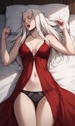 1girls ai_generated bewitching_thighs bigmic145 breasts carmilla_(castlevania) castlevania castlevania_(netflix) lips long_hair medium_breasts negligee nightgown panties red_dress see-through see-through_clothing sleeping thighs vampire vampire_girl white_hair