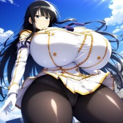 1girls ai_generated big_breasts black_hair blue_eyes breasts_bigger_than_head curvaceous curvy_female female female_only hourglass_figure ikaruga_(senran_kagura) large_breasts light-skinned_female light_skin long_hair looking_at_viewer minmin pantyshot senran_kagura senran_kagura_(series) skirt_lift stockings thick thick_thighs tights voluptuous voluptuous_female wide_hips