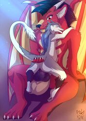 2016 4_toes anal anal_sex animal_genitalia animal_penis anthro ass atsuko balls black_nose claws closed_eyes dragon drakk_art duo erection fur furred_dragon furry grey_fur highres horn male nude open_mouth penetration penis red_eyes red_fur sergal sex simple_background size_difference stomach_bulge toe_claws toes white_fur wings yaoi