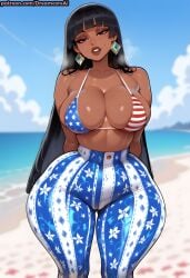 ai_generated bangs beach beach_background bikini_top black_hair brown-skinned_female brown_skin cameltoe chel curvaceous curvy curvy_female curvy_figure dark-skinned_female dark_skin dreamcoreart earrings female female_focus female_only flag_bikini flag_print flare_pants long_hair native no_sex non-nude patreon_username posing seductive seductive_look seductive_smile sfw solo solo_female solo_focus straight_hair the_road_to_el_dorado thick_thighs voluptuous voluptuous_female wide_hips