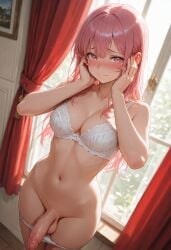 1futa ai_generated balls blush bra embarrassed flaccid from_above futa_only futanari hands_on_cheeks high-angle_view indoors intersex jamesbron large_penis long_hair looking_at_viewer medium_breasts panties_down panty_pull penis pink_eyes pink_hair solo solo_futa standing thighs underwear white_bra white_panties white_underwear wide_hips