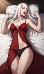 1girls ai_generated bewitching_thighs bigmic145 breasts carmilla_(castlevania) castlevania castlevania_(netflix) lips long_hair medium_breasts negligee nightgown panties red_dress see-through see-through_clothing sleeping thighs vampire vampire_girl white_hair