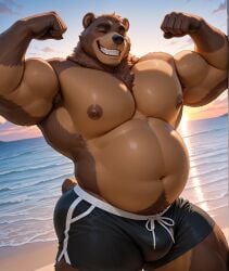 1boy abyssyzzz ai_generated anthro bara beach bear big_belly big_breasts breasts bulge flexing flexing_bicep fur furry furry_only grinning grizzly_bear hairy male male_focus male_only muscular muscular_anthro muscular_male shorts showing_armpits sunset underwear