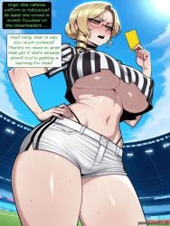 11_22 ai_generated annoyed big_breasts black_choker black_thong blonde_hair blush choker covered_nipples from_below glynda_goodwitch green_eyes hair_bun half-closed_eyes hand_on_hip holding_card huge_breasts large_breasts midriff open_mouth panty_straps referee rwby short_shorts stadium striped_shirt sweat thick_thighs thong underboob