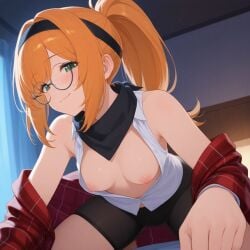 ai_generated bandana bike_shorts breasts buttoned_shirt ginger glasses green_eyes jacket ponytail small_breasts thighs