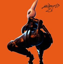 2025 anthro arthropod ass big_butt black_body blender_(artwork) breasts crouching digital_media_(artwork) domizoni female hand_on_butt hi_res hollow_knight horn hornet_(hollow_knight) nude nude_anthro nude_female orange_background pinup pose side_boob simple_background solo squat_position team_cherry thick_thighs