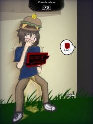 007n7_(forsaken) 1boy blush brown_hair embarrassed forsaken_(roblox) hiding hiding_face male male_only omorashi peeing peeing_self pissing_self roblox solo solo_male wetting wetting_self what