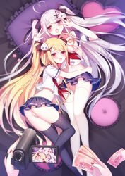 2girls ahoge ass bed black_legwear breasts cleavage double_v grey_hair hair hair_ornament heart heart_ahoge heart_pillow highres hug legs long_hair lying manicure money multiple_girls navel niliu_chahui nipples no_bra open_mouth original pillow pussy pussy_juice red_eyes school_uniform tagme thighhighs tokisaki_asaba tokisaki_mio v video_camera white_hair white_legwear |3 逆流茶会