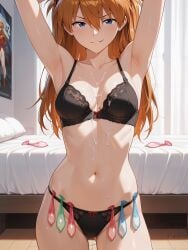 1girls ai_generated armpits arms_up asuka_langley_sohryu bra breasts cum_on_breasts female neon_genesis_evangelion netorare orange_hair panties smirk used_condoms_belt