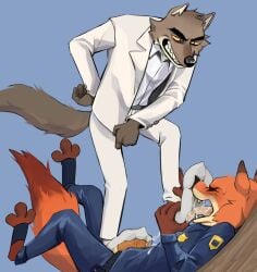3_toes anthro blue_background bodily_fluids bottomwear brown_body brown_fur canid canine canis closed_eyes clothing cum disney dominant dominant_anthro dominant_male dreamworks duo ejaculation fangs feet foot_fetish foot_on_face foot_on_penis foot_play foot_sniffing footjob footwear fox fur genital_fluids genitals grin hi_res humanoid_genitalia humanoid_penis male male/male mammal mr._wolf_(the_bad_guys) nick_wilde open_mouth orange_body orange_fur pants penis police police_uniform red_body red_fur sex shirt simple_background smile sniffing sniffing_sock sock_fetish sockjob socks standing submissive submissive_anthro submissive_male suit_jacket taro_anderson teeth the_bad_guys toes tongue tongue_out topwear uniform wolf zootopia