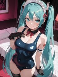 1girls ai_generated bed cleavage gloves happy hatsune_miku maid_headdress school_swimsuit solo standing stockings