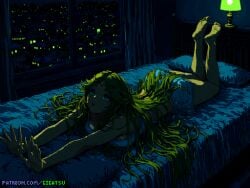 ai_generated barefoot dark_theme feet female foot_fetish gigatsu green_hair kid_icarus lying lying_on_bed night nintendo palutena pixel_art sole_female soles toes