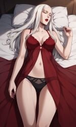 1girls ai_generated bewitching_thighs bigmic145 breasts carmilla_(castlevania) castlevania castlevania_(netflix) lips long_hair medium_breasts negligee nightgown panties red_dress see-through see-through_clothing sleeping thighs vampire vampire_girl white_hair