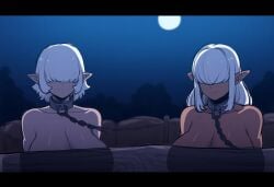 2girls ai_generated big_breasts breasts_bigger_than_head curvy curvy_figure dark-skinned_female dark_skin elf fantasy hair_over_eyes huge_breasts large_breasts mullon night novelai original restrained slave top_heavy voluptuous