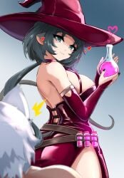 1boy 1girls black_hair cat_ears catboy clothed dress heart_symbol jane_doe_(zenless_zone_zero) long_hair nervous_expression provocative rat_ears rat_girl rat_tail seth_lowell smile white_hair witch_costume zenless_zone_zero