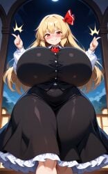 1girls ai_generated black_dress blonde_hair breasts female hair_ribbon huge_breasts long_hair red_eyes ribbon rumia smile snapping_fingers standing thick_thighs thighs touhou