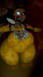3d_(artwork) absurd_res animatronic anthro apron apron_only areola artist_logo avet3d beak belly bib big_breasts blender_(artwork) breasts chica_(fnaf) clothing dark_lighting digital_media_(artwork) endoskeleton female five_nights_at_freddy's five_nights_at_freddy's_2 fur glowing glowing_eyes hi_res logo looking_at_viewer machine nipples nude pussy_peek robot scottgames sharp_teeth solo standing teeth withered_chica_(fnaf) yellow_body yellow_fur