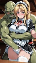 1girls 1male 2025 ai_generated animated animated_gif blonde_hair blush elf elf_ears female fingering fingering_partner forced_fingering gif grabbing_from_behind kxy maid maid_uniform melinea_(kxy) orc original panties stockings