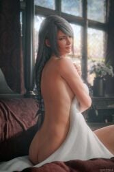 1girls 3d bedsheets braid covering female female_only final_fantasy final_fantasy_xvi grey_hair jill_warrick light-skinned_female light_skin solo spectra3d square_enix very_long_hair