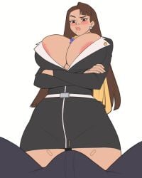 1boy 1girl 1girls absurd_res absurdres aerolae areola areolae_peeking areolae_slip arms_crossed arms_folded arms_framing_breasts arms_under_breasts attorney beauty_mark big_breasts blush blushing_at_viewer blushing_female brown_eyes brown_hair bulge bulge_under_clothes business_suit capcom cleavage cleavage_overflow ear_piercing earring earrings erection erection_under_clothes faceless_male female female_focus femdom femdom_pov flat_colors gyakuten_saiban hi_res high_resolution highres jakuson_z large_breasts lawyer long_hair magatama magatama_necklace male mia_fey no_background offscreen_male pov raised_eyebrow scarf tagme tenting waist_length_hair white_background