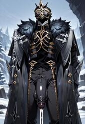 1boy ai_generated big_penis black_body black_penis capitano_(genshin_impact) dripping dripping_cum genshin_impact male male_only muscles muscular muscular_male penis_out penis_outline yaoi