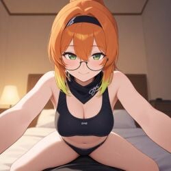 ai_generated bandana bra breasts ginger glasses green_eyes panties ponytail small_breasts thighs