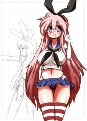 2girls bare_midriff big_breasts blue_skirt blush breasts bunny_ears clothing cosplay crossover elbow_gloves female glasses gloves hairband kantai_collection konata_izumi legwear long_hair looking_at_viewer lucky_star miyuki_takara mizushima_(p201112) mole mole_under_eye multiple_girls navel pink_hair purple_eyes shimakaze_(kancolle)_(cosplay) skirt smiling_at_viewer striped_clothes striped_thighhighs thighhighs trim_marks v very_long_hair white_gloves