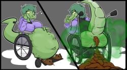 anthro baryonyx bottomless bottomless_female cavemanon_studios clothed clothing digestion dinosaur disability fart fart_cloud feces female gamsobart i_wani_hug_that_gator olivia_halford paraplegic prehistoric_species reptile scalie scat signature solo spinosaurid theropod vehicle vore wheelchair
