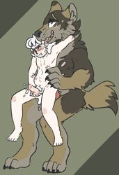 2016 4_fingers 4_toes 5_toes anal anal_sex anthro anthro_on_human anthro_on_male balls black_nose blush brown_background brown_fur canine closed_eyes coolyiffer digitigrade duo fur furry gay half-closed_eyes human human_on_anthro interspecies male male_on_anthro male_only mammal nude open_mouth penetration penis pubic_hair sex simple_background size_difference stand_and_carry_position standing stomach_bulge sweat teeth toes tongue tongue_out were werewolf whiskers white_hair yaoi yellow_eyes