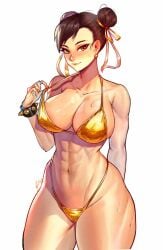 abs bikini bra bracelet breasts brown_eyes brown_hair capcom chun-li earrings female gold_bikini jewelry large_breasts rattlepool spiked_bracelet spikes street_fighter sweat thong underwear