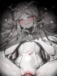 1boy artist_name blur_censor cartethyia_(wuthering_waves) censored chinese_commentary commentary_request female flat_chest greyscale half-closed_eyes heart heart_hands heart_in_eye highres kupa_(jesterwii) long_hair looking_at_viewer lying male missionary monochrome navel on_back open_mouth paid_reward_available petite pointy_ears purple_eyes signature solo_focus speech_bubble spoken_heart spot_color spread_legs stomach_bulge straight symbol_in_eye tacet_mark_(wuthering_waves) wuthering_waves