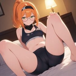 ai_generated bandana bike_shorts bra breasts ginger glasses green_eyes ponytail small_breasts spread_legs thighs