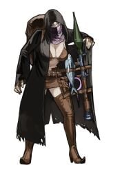 backpack bandana big_breasts breasts coat fish genderswap_(mtf) leather leather_boots leather_bra leather_clothing leather_skirt merchant_(resident_evil) miaojiangyou miniskirt resident_evil resident_evil_4 rocket_propelled_grenade_launcher rpg rule_63
